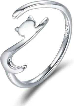 Sterling Silver Cat Ring - Adjustable, Dainty, Stackable, Gifts for Cat Lovers