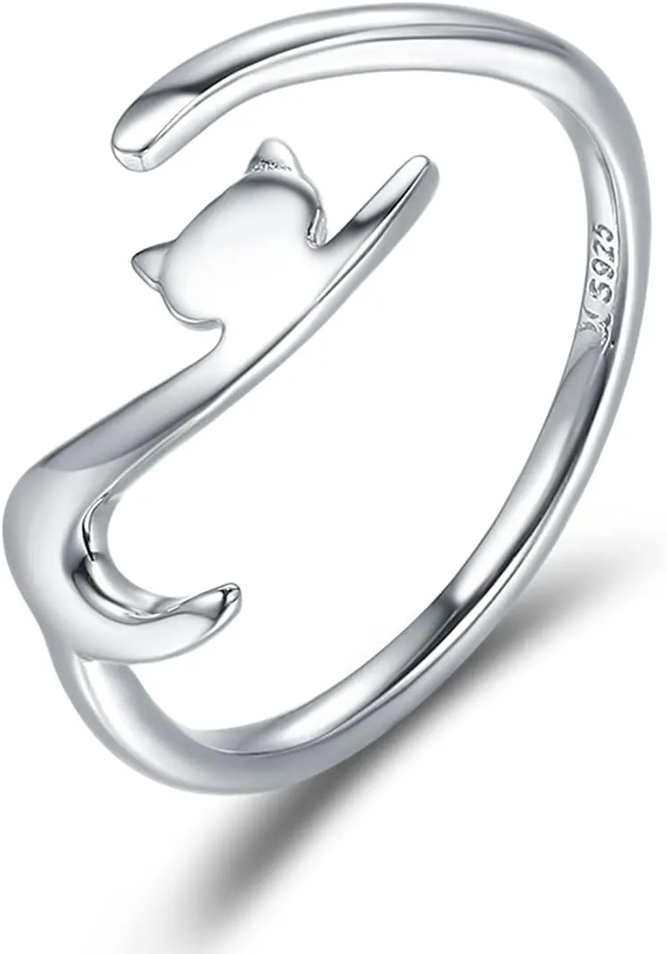 Sterling Silver Cat Ring - Adjustable, Dainty, Stackable, Gifts for Cat Lovers