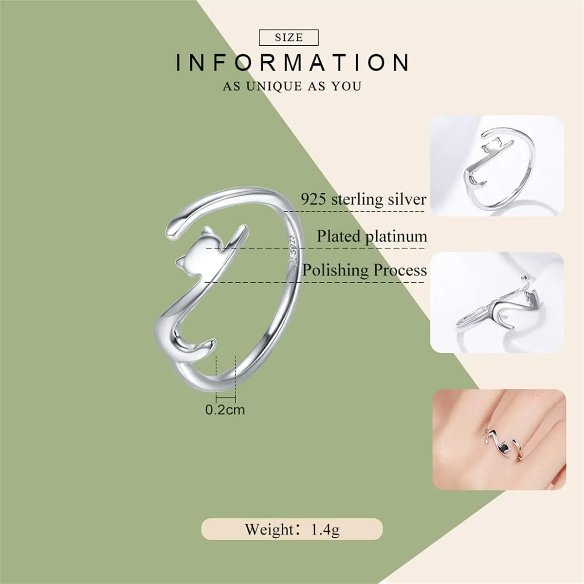 Sterling Silver Cat Ring - Adjustable, Dainty, Stackable, Gifts for Cat Lovers