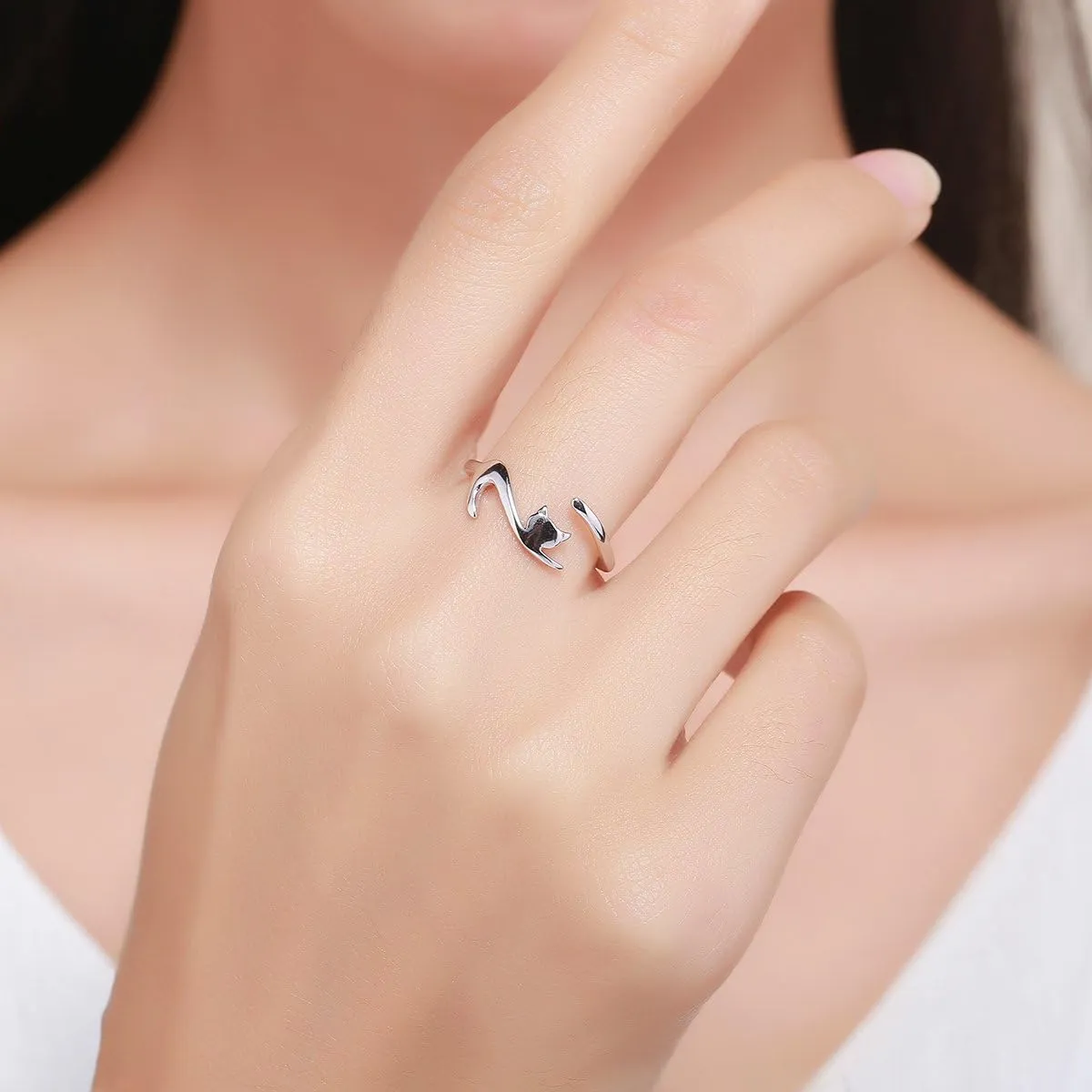 Sterling Silver Cat Ring - Adjustable, Dainty, Stackable, Gifts for Cat Lovers