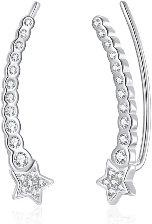 Sterling Silver Star Ear Crawler Climbers Earrings for Women S925 Ear Cuff Earrings with Cubic Zirconia for Women