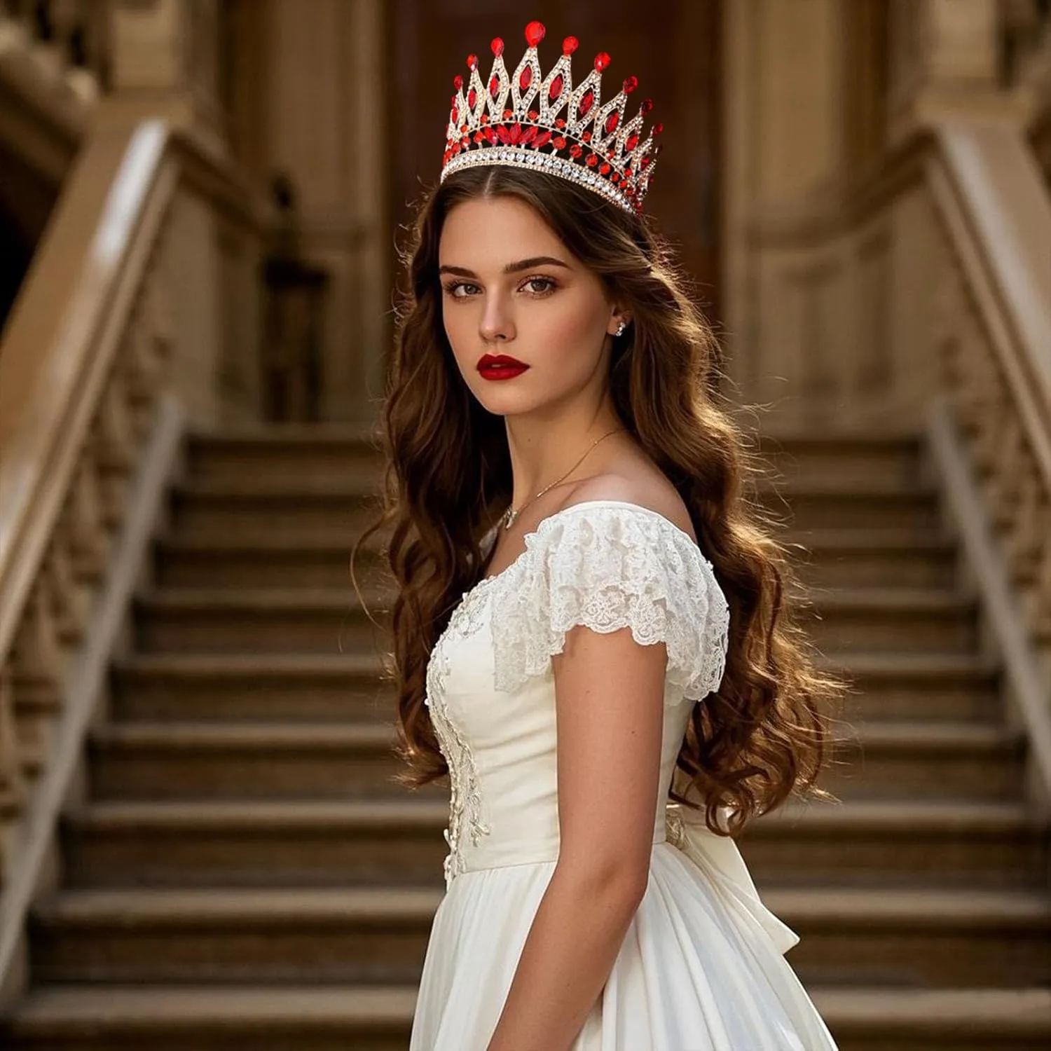 Tiaras and Crowns for Women,Wedding Tiara for Bride,Rhinestone Queen Crown,Crystal Costume Hair Accessories for Birthday Prom Crown with Combs(red)