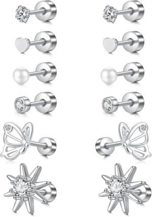 TOKRING 6-7 Pairs Flatback Stud Earrings Set 20G Stainless Steel Cartilage Earrings for Women Silver Ear Piercing Jewelry Threaded Screw Back Style