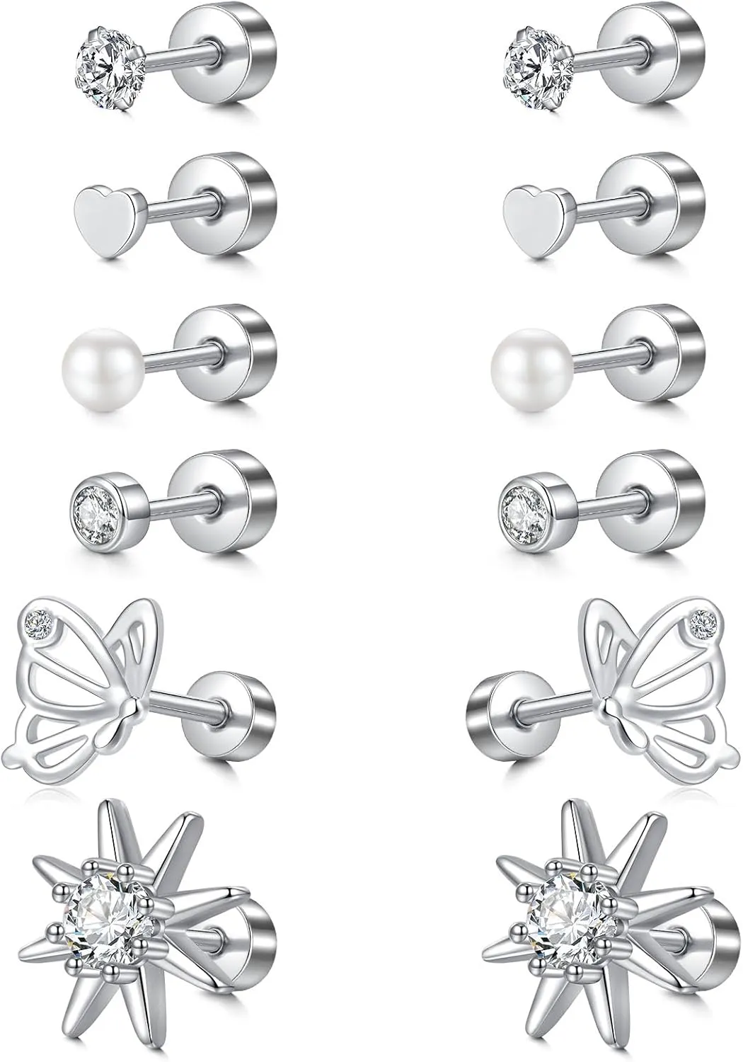 TOKRING 6-7 Pairs Flatback Stud Earrings Set 20G Stainless Steel Cartilage Earrings for Women Silver Ear Piercing Jewelry Threaded Screw Back Style