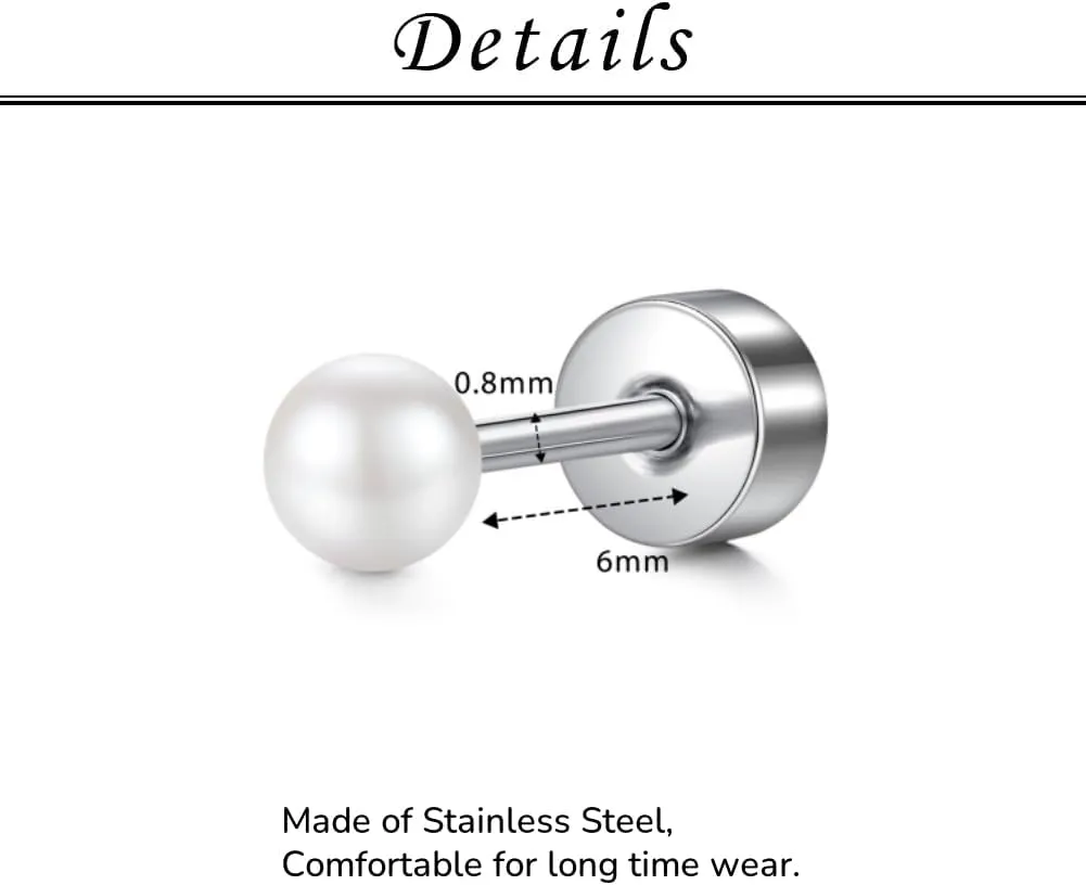 TOKRING 6-7 Pairs Flatback Stud Earrings Set 20G Stainless Steel Cartilage Earrings for Women Silver Ear Piercing Jewelry Threaded Screw Back Style