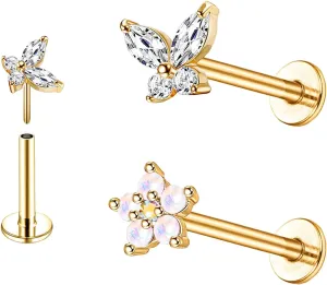 Top Push in Threadless 316L Surgical Steel Flat Back Stud for Nose Heart CZ Lip Stud Bone Studs Nose Piercing Jewelry for Women Men