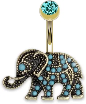 Tribal Gold Elephant Belly Button Ring - 316L Surgical Grade Stainless-Steel Belly Button Rings Studded with Faux Blue Pearls - Belly Piercings Navel Ring for Women