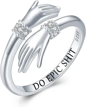 TRISHULA Hug Ring, 925 Sterling Silver Hug Hand Ring for Women Adjustable Inspirational Embrace Ring Do epic shit Encourage Gift for Graduation Birthday Christmas