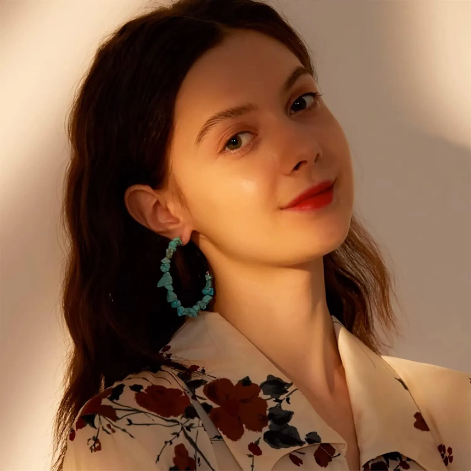 Turquoise Hoop Earrings for Women 14K Gold Plated Turquoise Large Hoops Earrings Handmade Statement Earrings for Women