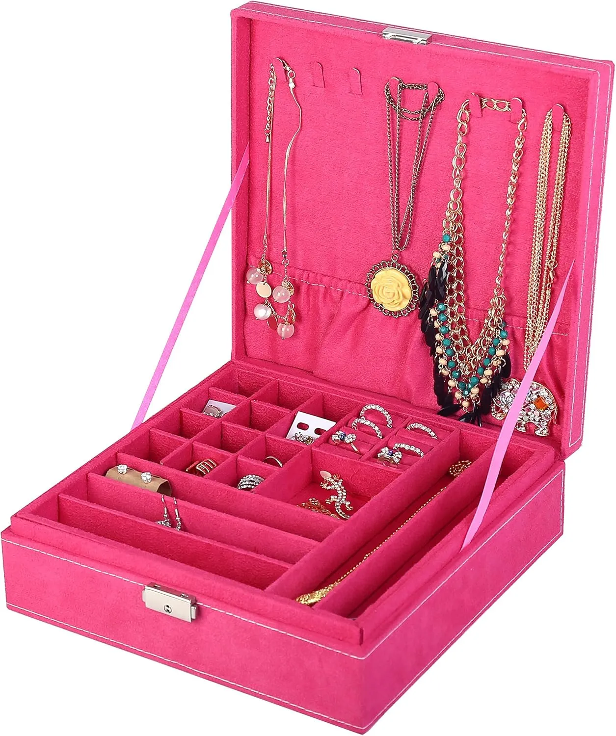 Two-Layer Jewelry Box Organizer Display Storage case with Lock (Rose)