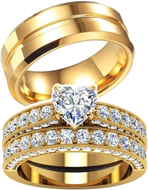 TWO RINGS His Hers Wedding Ring Sets Couples Rings Women's 10k Yellow Gold Plated White heart CZ Wedding Engagement Ring Bridal Sets & Men's Titanium Wedding Band