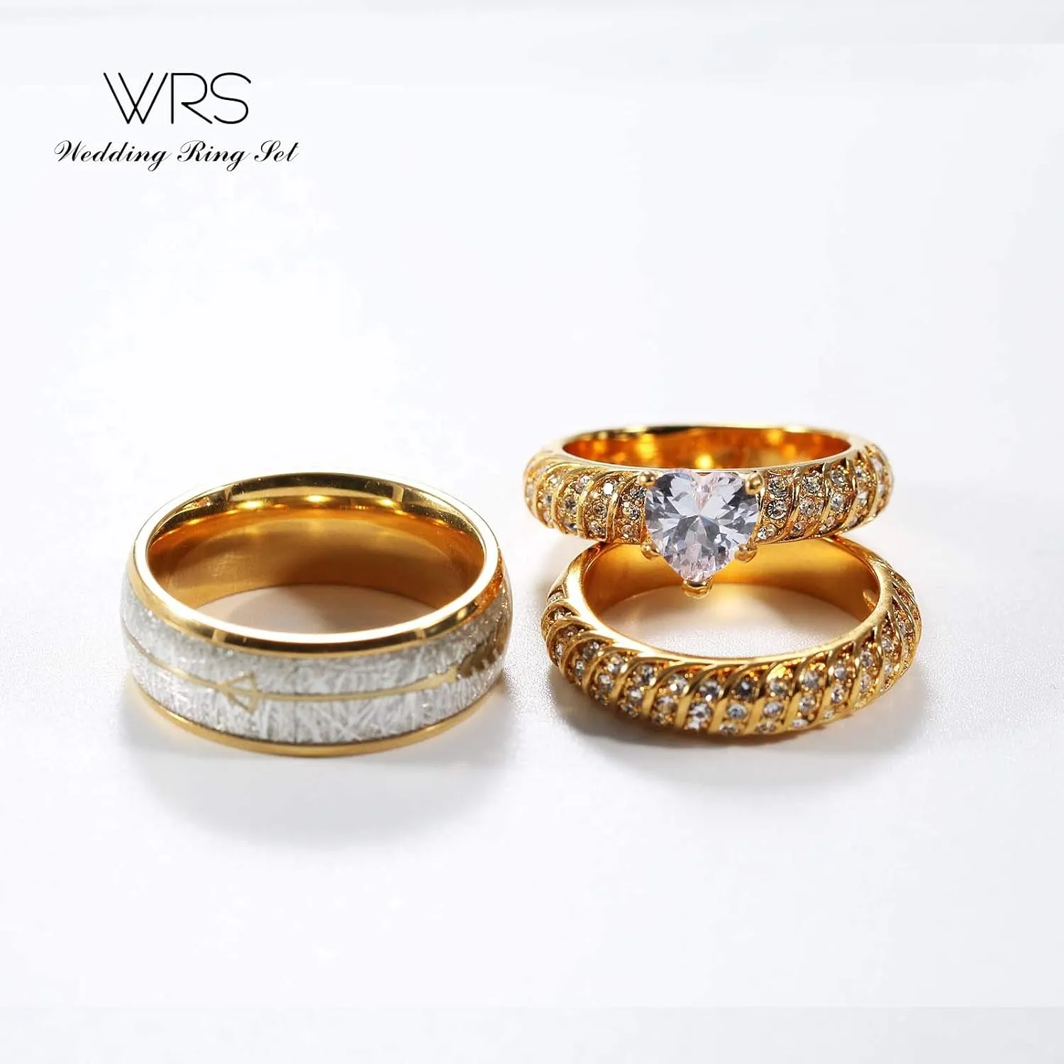 TWO RINGS His Hers Wedding Ring Sets Couples Rings Women's 10k Yellow Gold Plated White heart CZ Wedding Engagement Ring Bridal Sets & Men's Titanium Wedding Band