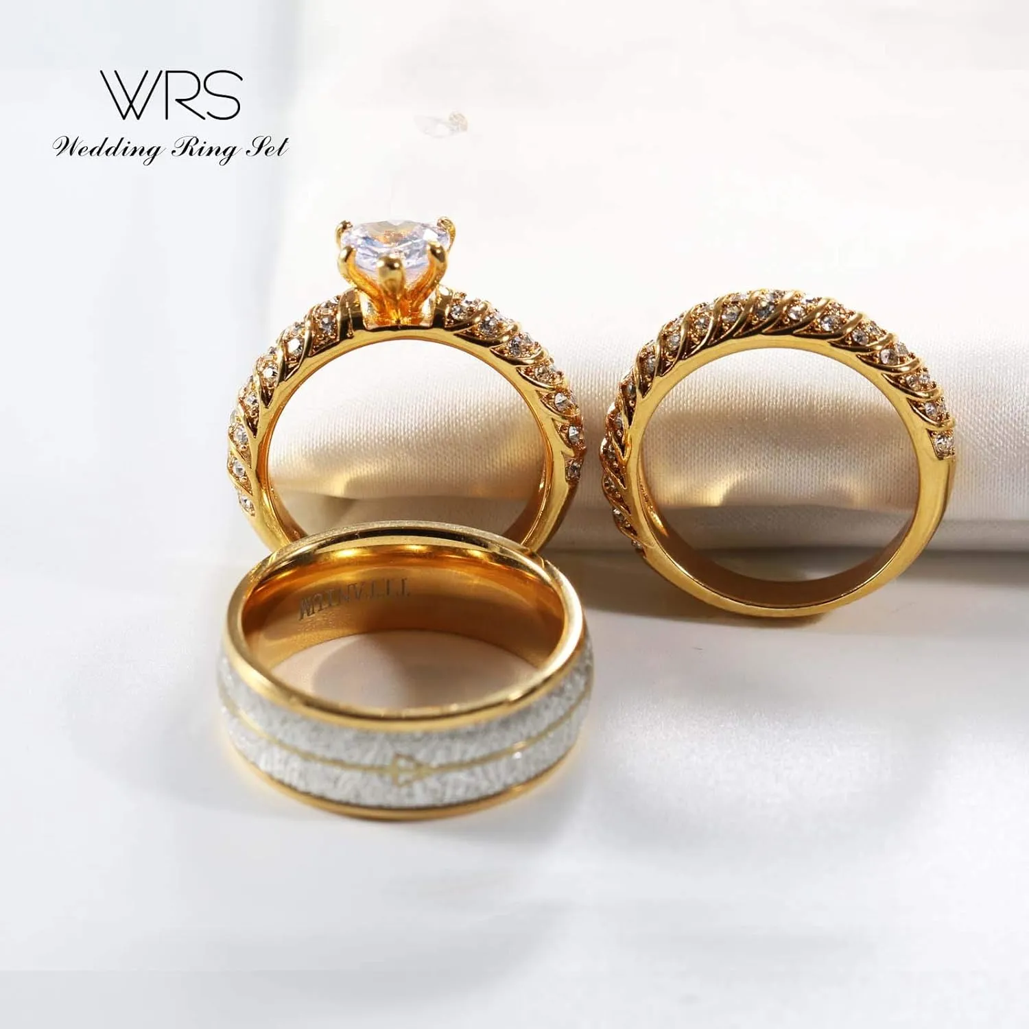 TWO RINGS His Hers Wedding Ring Sets Couples Rings Women's 10k Yellow Gold Plated White heart CZ Wedding Engagement Ring Bridal Sets & Men's Titanium Wedding Band
