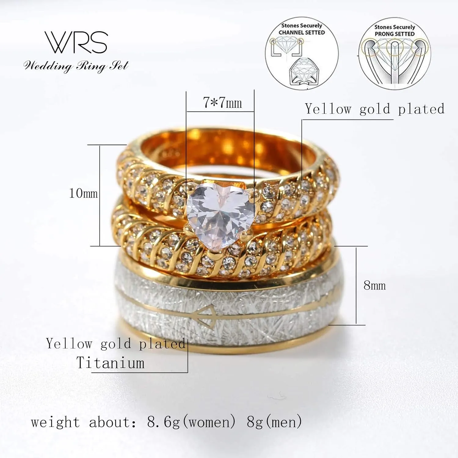 TWO RINGS His Hers Wedding Ring Sets Couples Rings Women's 10k Yellow Gold Plated White heart CZ Wedding Engagement Ring Bridal Sets & Men's Titanium Wedding Band