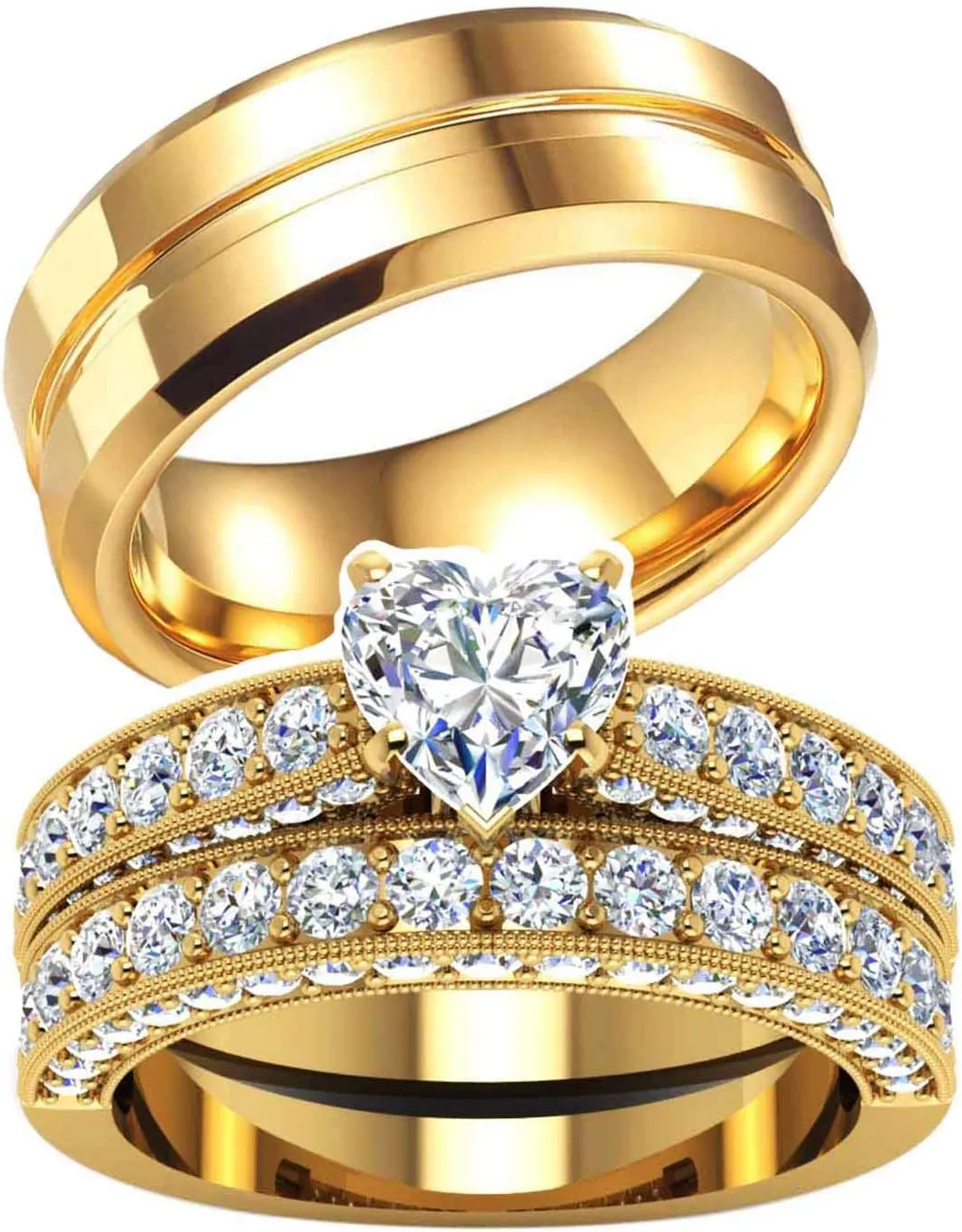 TWO RINGS His Hers Wedding Ring Sets Couples Rings Women's 10k Yellow Gold Plated White heart CZ Wedding Engagement Ring Bridal Sets & Men's Titanium Wedding Band