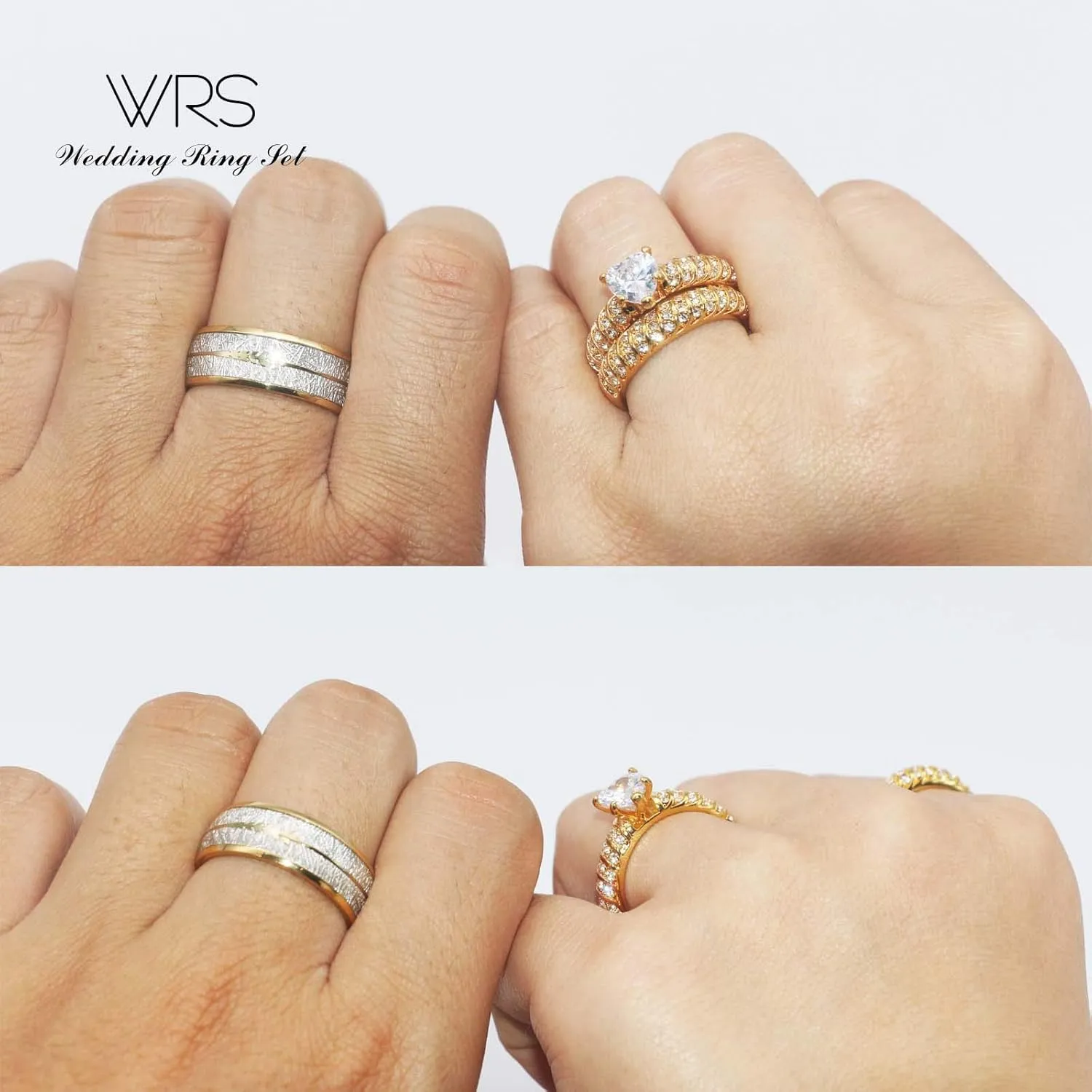 TWO RINGS His Hers Wedding Ring Sets Couples Rings Women's 10k Yellow Gold Plated White heart CZ Wedding Engagement Ring Bridal Sets & Men's Titanium Wedding Band