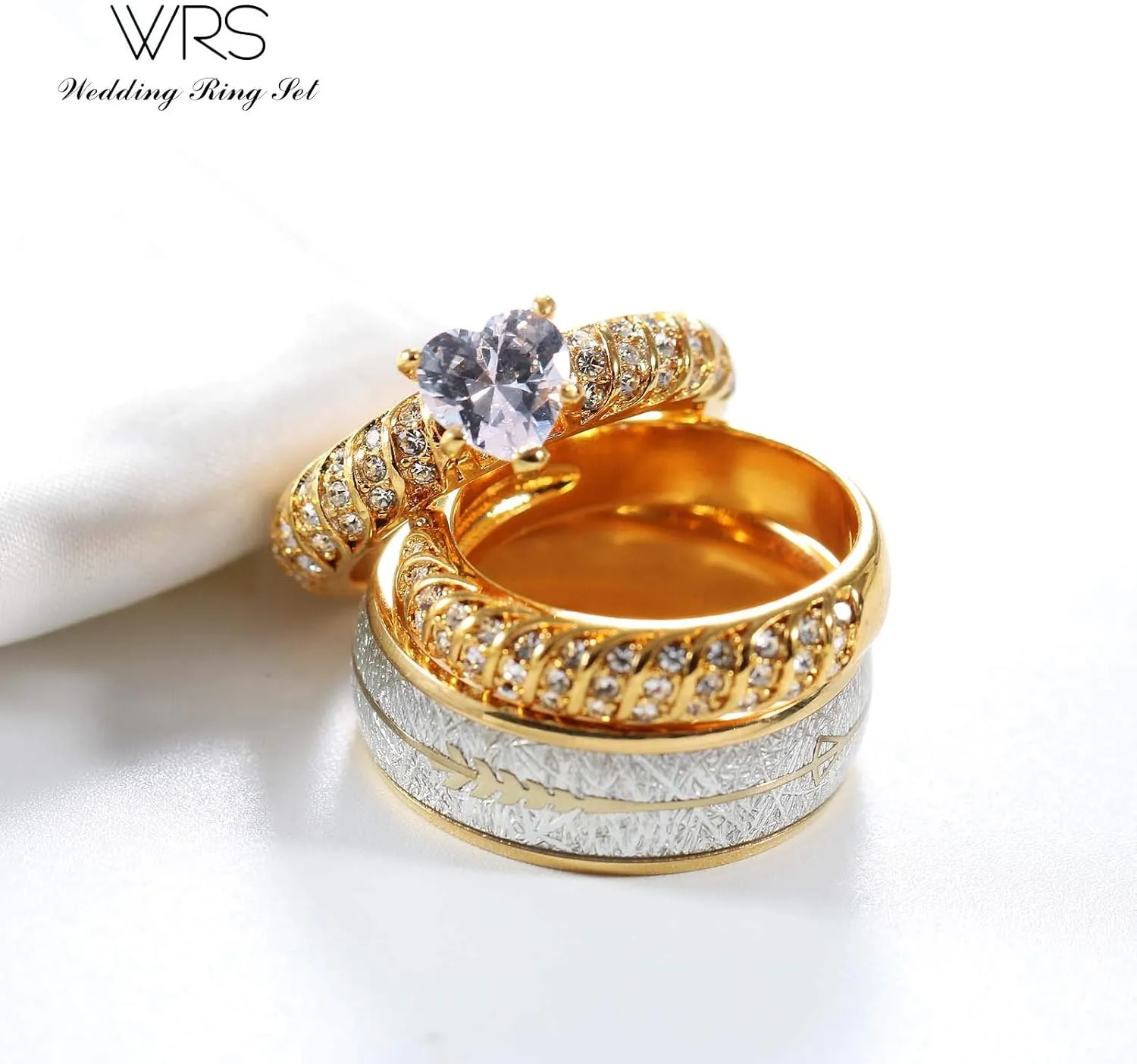 TWO RINGS His Hers Wedding Ring Sets Couples Rings Women's 10k Yellow Gold Plated White heart CZ Wedding Engagement Ring Bridal Sets & Men's Titanium Wedding Band