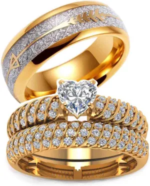 TWO RINGS His Hers Wedding Ring Sets Couples Rings Women's 10k Yellow Gold Plated White heart CZ Wedding Engagement Ring Bridal Sets & Men's Titanium Wedding Band