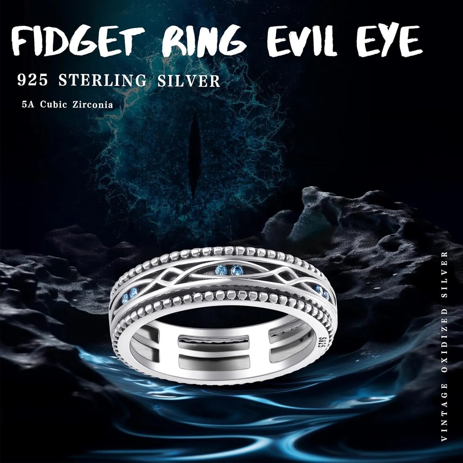 Viking Rings 925 Sterling Silver Viking Rune/Filigree/Evil Eye Rings Spinner Fidget Rings for Men Women Anxiety Relieve Ring Anti Stress Rings Jewelry Gifts for Men Women Boys Girls