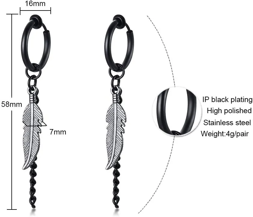 VNOX Unisex Vinatge Stainless Clip On Earrings Non Piercing Feather Charm Dangle Hinged Stud Earrings for Men Women Teen