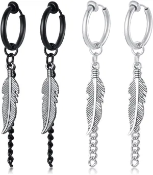VNOX Unisex Vinatge Stainless Clip On Earrings Non Piercing Feather Charm Dangle Hinged Stud Earrings for Men Women Teen