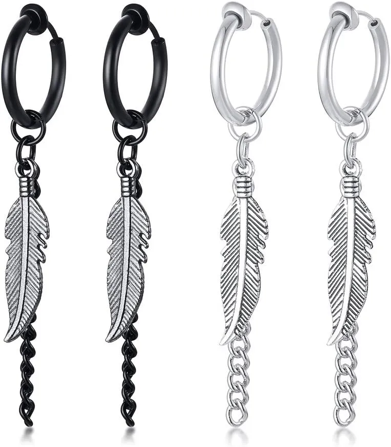 VNOX Unisex Vinatge Stainless Clip On Earrings Non Piercing Feather Charm Dangle Hinged Stud Earrings for Men Women Teen