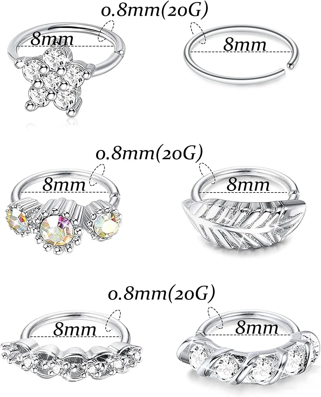 Vsnnsns 20G Flower Nose Rings Hoop Stainless Steel Cartilage Helix Earrings Hoop Ear Nose Septum Rings Body Piercing Jewelry for Women Men 8mm