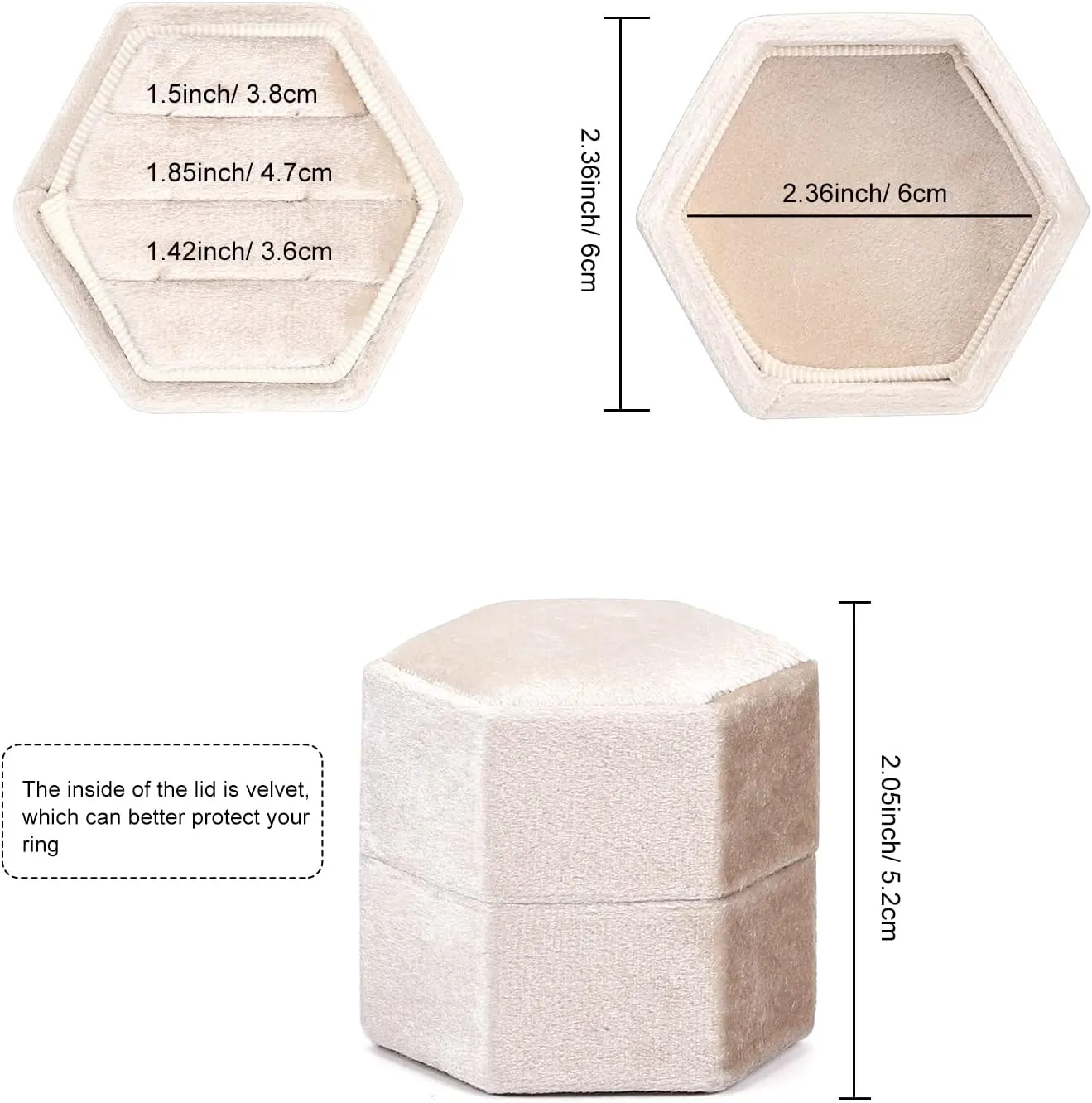 WantGor Velvet Jewelry Ring Box, 3 Slots Hexagon Ring Gift Box Vintage Ring Display Holder Case for Wedding Ceremony Proposal Engagement (Beige, 3 Slots)