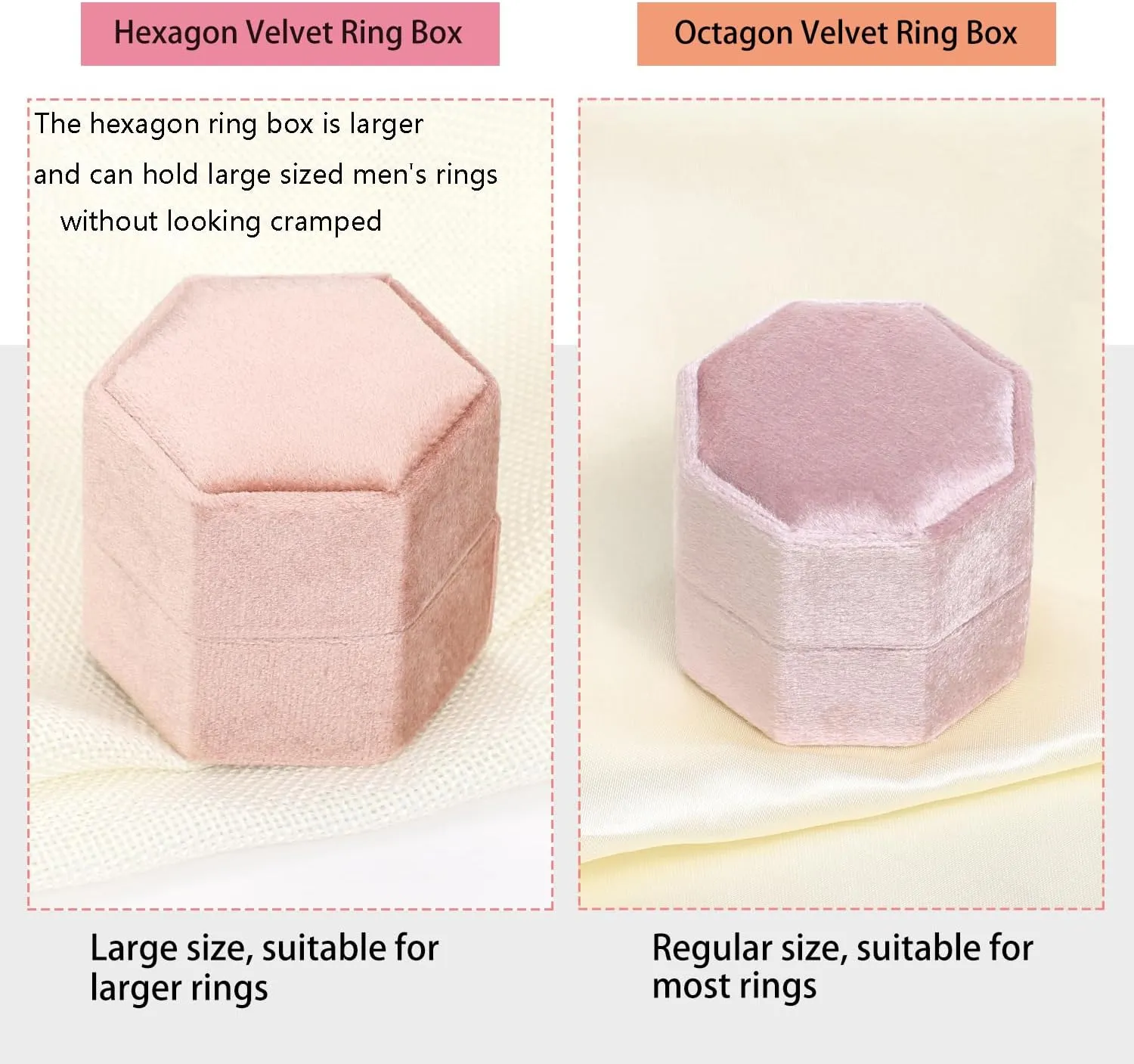 WantGor Velvet Jewelry Ring Box, 3 Slots Hexagon Ring Gift Box Vintage Ring Display Holder Case for Wedding Ceremony Proposal Engagement (Beige, 3 Slots)