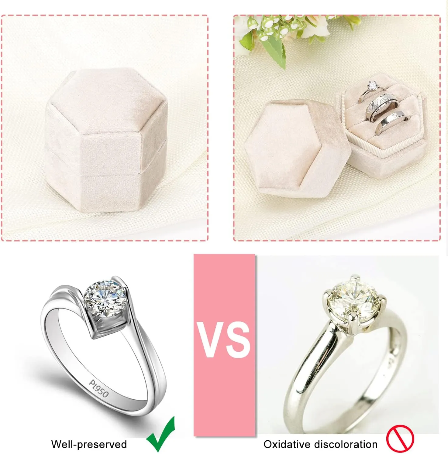 WantGor Velvet Jewelry Ring Box, 3 Slots Hexagon Ring Gift Box Vintage Ring Display Holder Case for Wedding Ceremony Proposal Engagement (Beige, 3 Slots)
