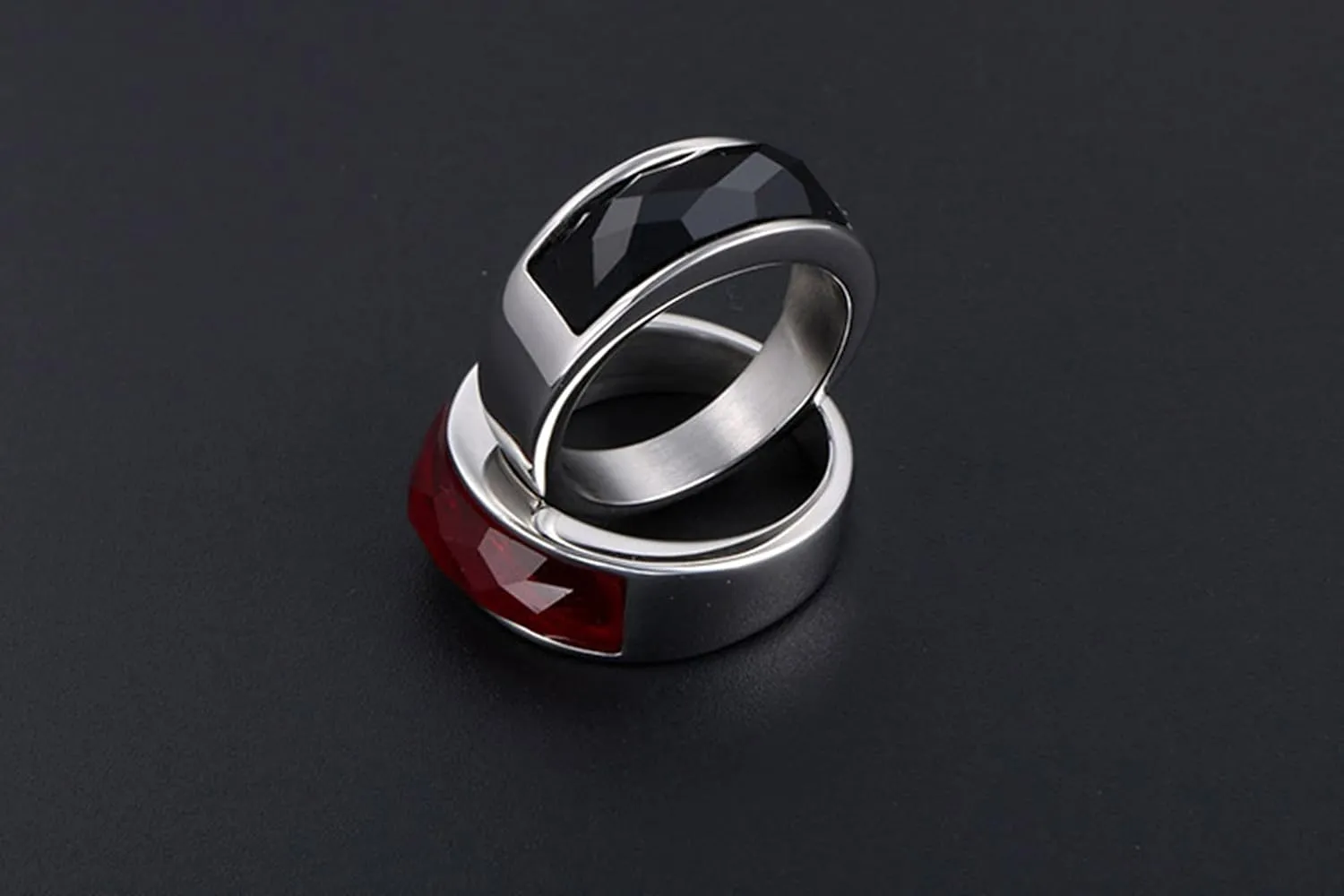 Wedding Bands Sets for Him and Her Black Red, Titanium Steel Rings Square Stone