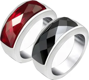 Wedding Bands Sets for Him and Her Black Red, Titanium Steel Rings Square Stone