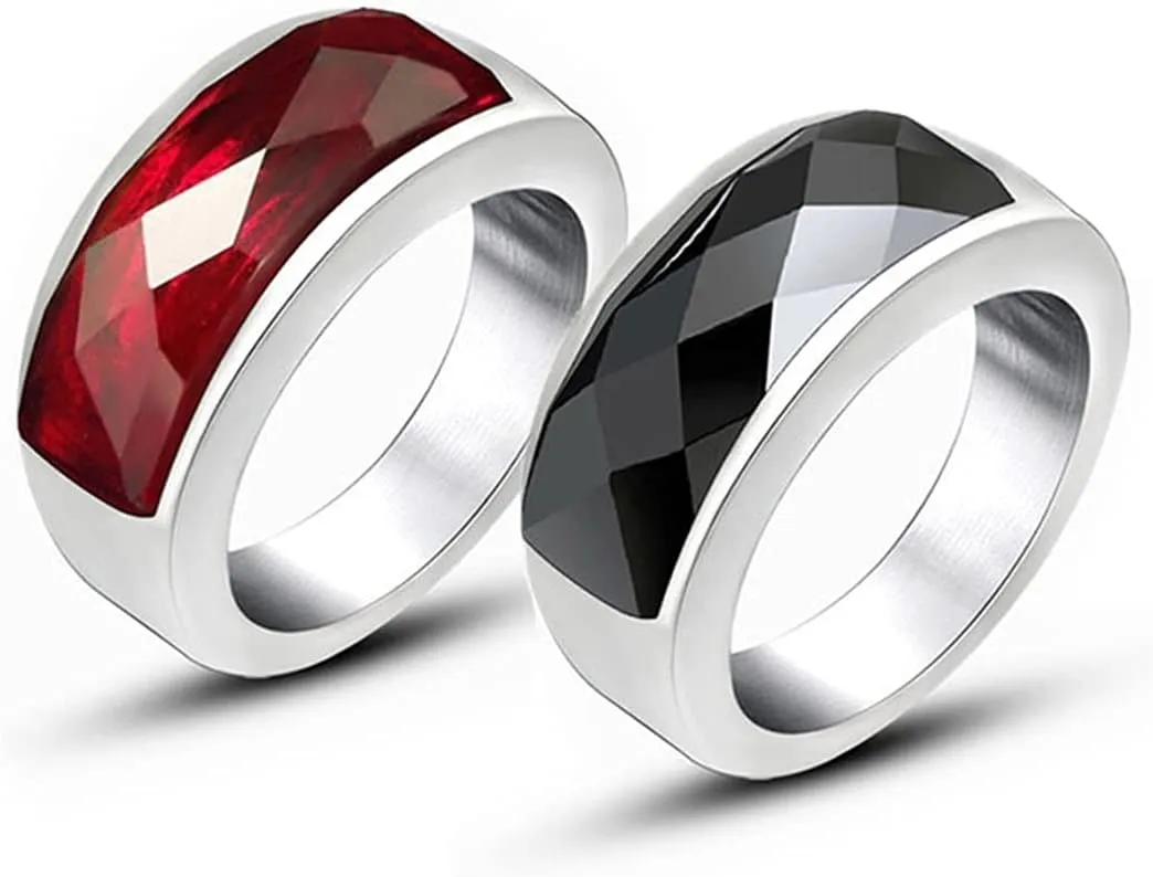 Wedding Bands Sets for Him and Her Black Red, Titanium Steel Rings Square Stone
