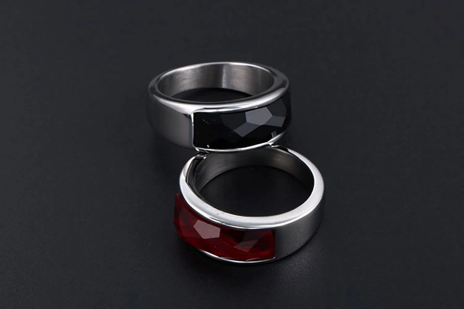 Wedding Bands Sets for Him and Her Black Red, Titanium Steel Rings Square Stone