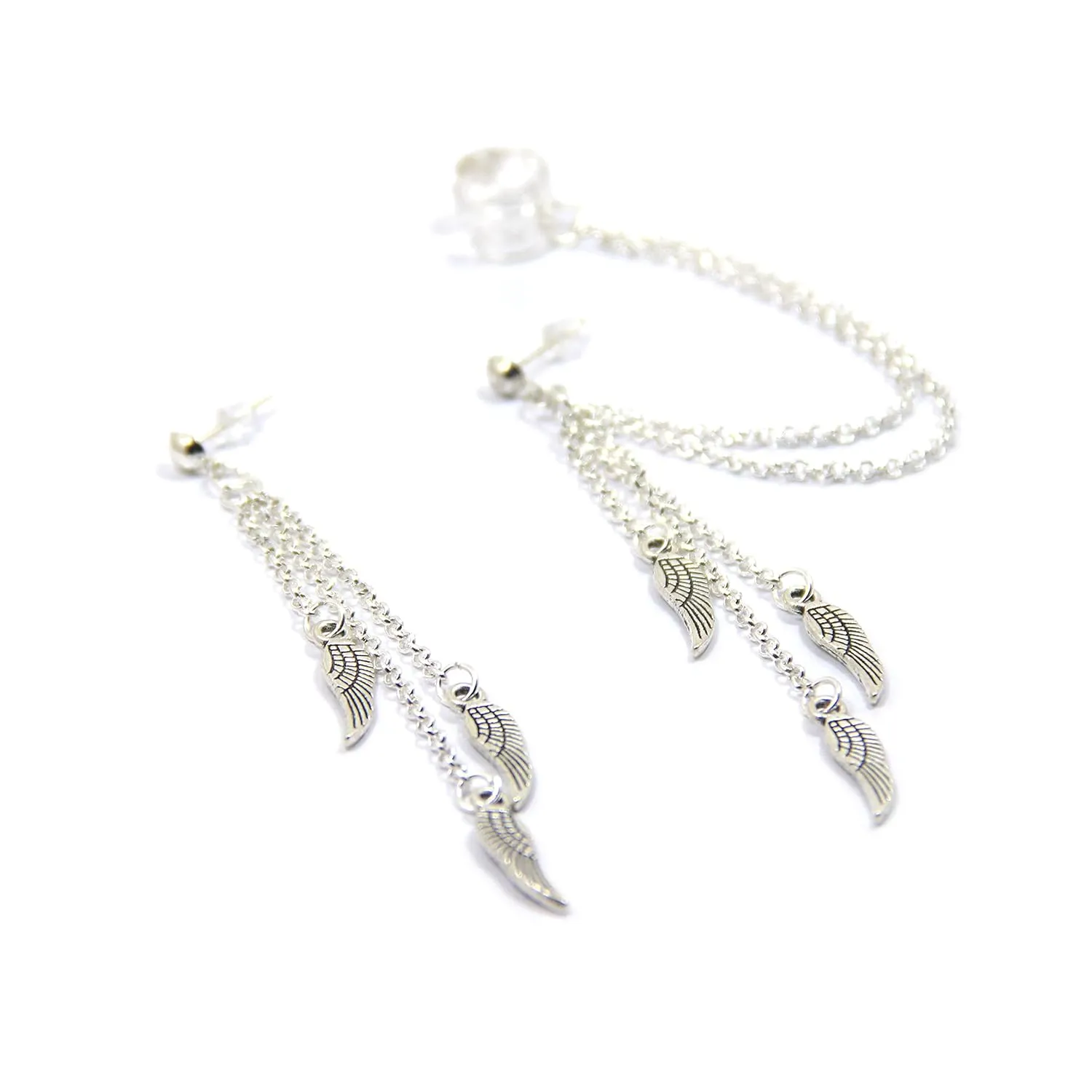 Wing ear cuff Handmade dangle winged earcuffs elf ear wraps Silver cartilage ear cuff no piercing unusual earrings angel wing fake double chain earrings for women