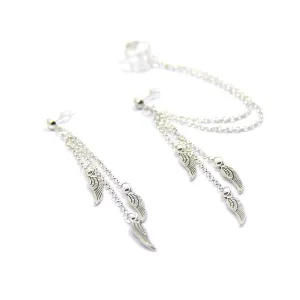 Wing ear cuff Handmade dangle winged earcuffs elf ear wraps Silver cartilage ear cuff no piercing unusual earrings angel wing fake double chain earrings for women
