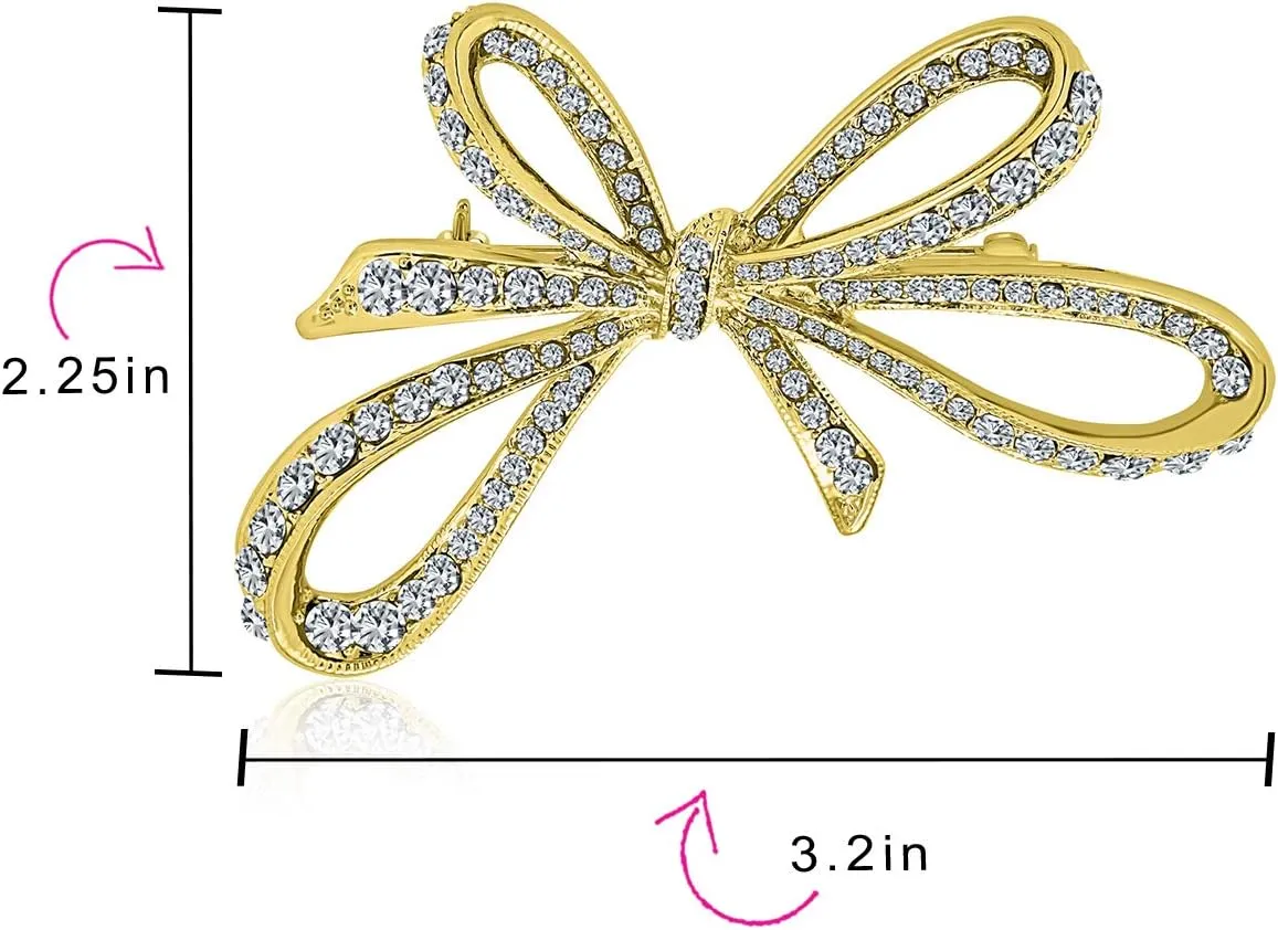 Winter Holiday Blue White Glittering Crystal Bridal Fashion Large Statement Ribbon Scarf Bow Brooch Pin For Women Rose Gold or Silver Plated