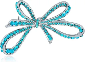 Winter Holiday Blue White Glittering Crystal Bridal Fashion Large Statement Ribbon Scarf Bow Brooch Pin For Women Rose Gold or Silver Plated