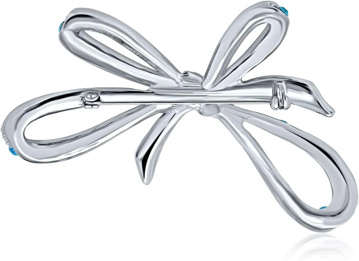 Winter Holiday Blue White Glittering Crystal Bridal Fashion Large Statement Ribbon Scarf Bow Brooch Pin For Women Rose Gold or Silver Plated