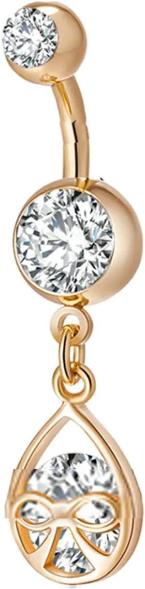 Women's Belly Rings, Stainless-Steel Bow Drop Hollow Navel Rings for Women, Gold 3.86G