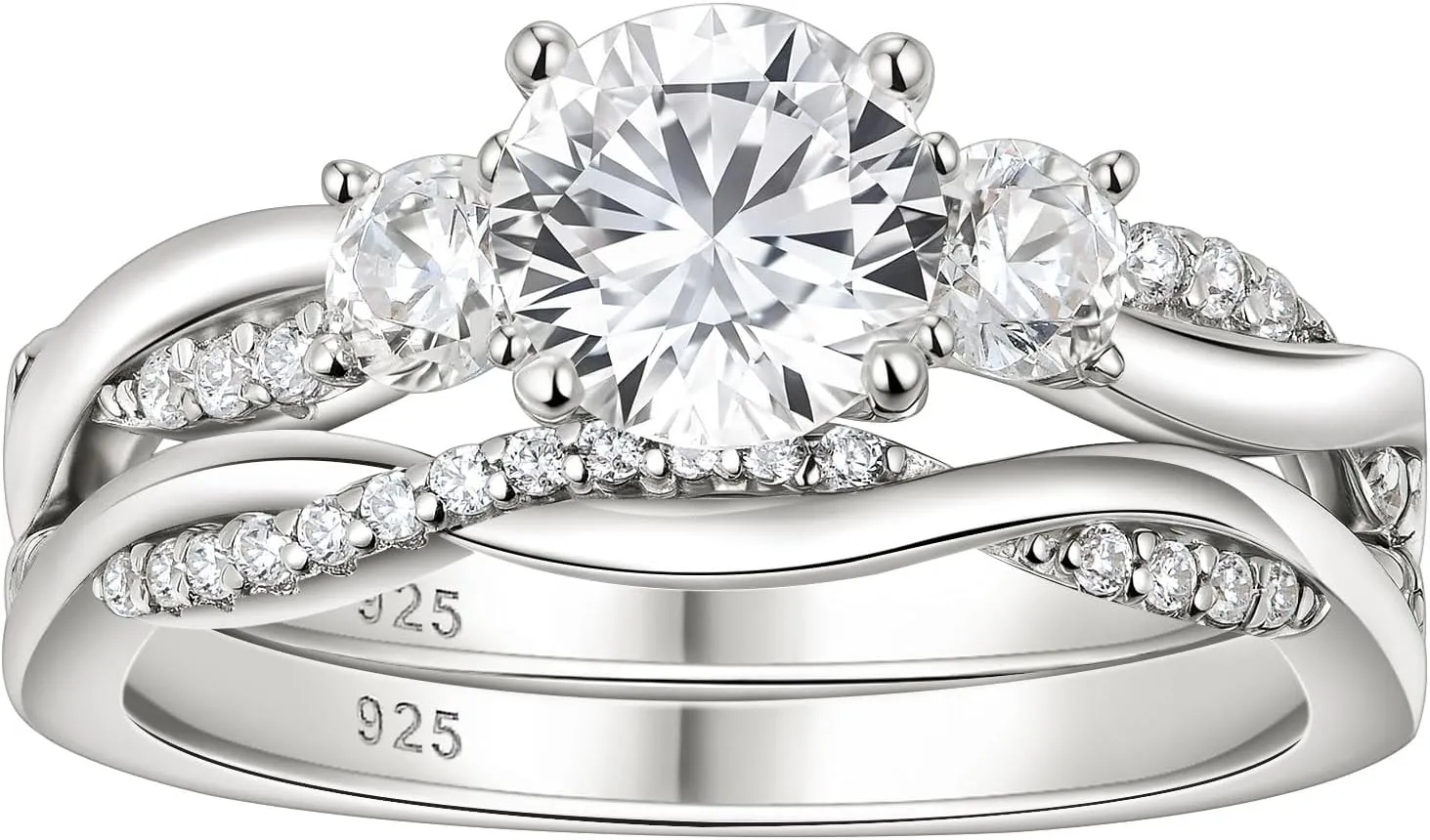 Wuziwen Three Stone Engagement Rings for Women Bridal Sets Wedding Ring for Her Eternity Band CZ 925 Sterling Silver