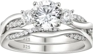 Wuziwen Three Stone Engagement Rings for Women Bridal Sets Wedding Ring for Her Eternity Band CZ 925 Sterling Silver