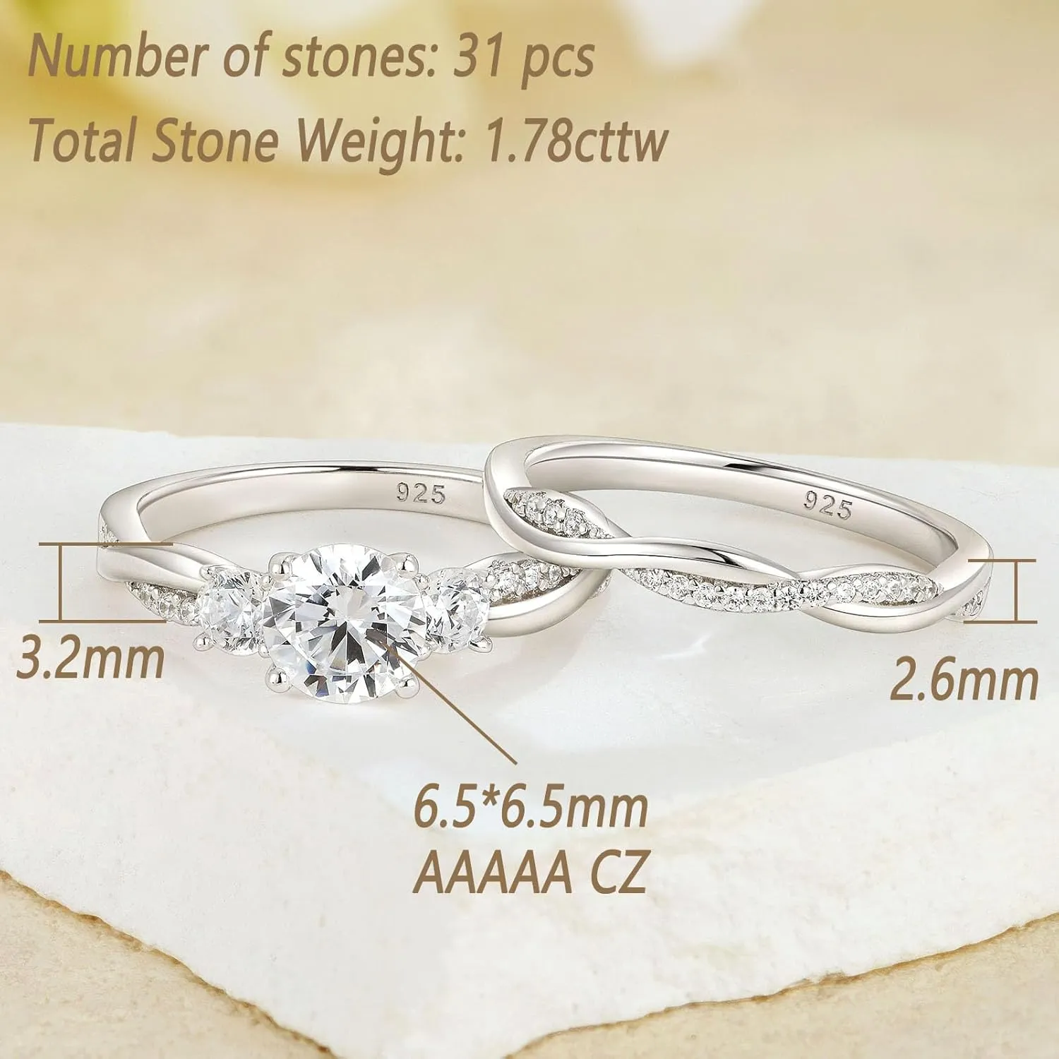 Wuziwen Three Stone Engagement Rings for Women Bridal Sets Wedding Ring for Her Eternity Band CZ 925 Sterling Silver