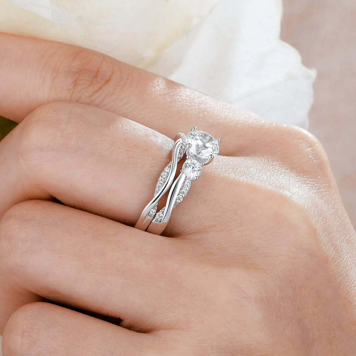 Wuziwen Three Stone Engagement Rings for Women Bridal Sets Wedding Ring for Her Eternity Band CZ 925 Sterling Silver