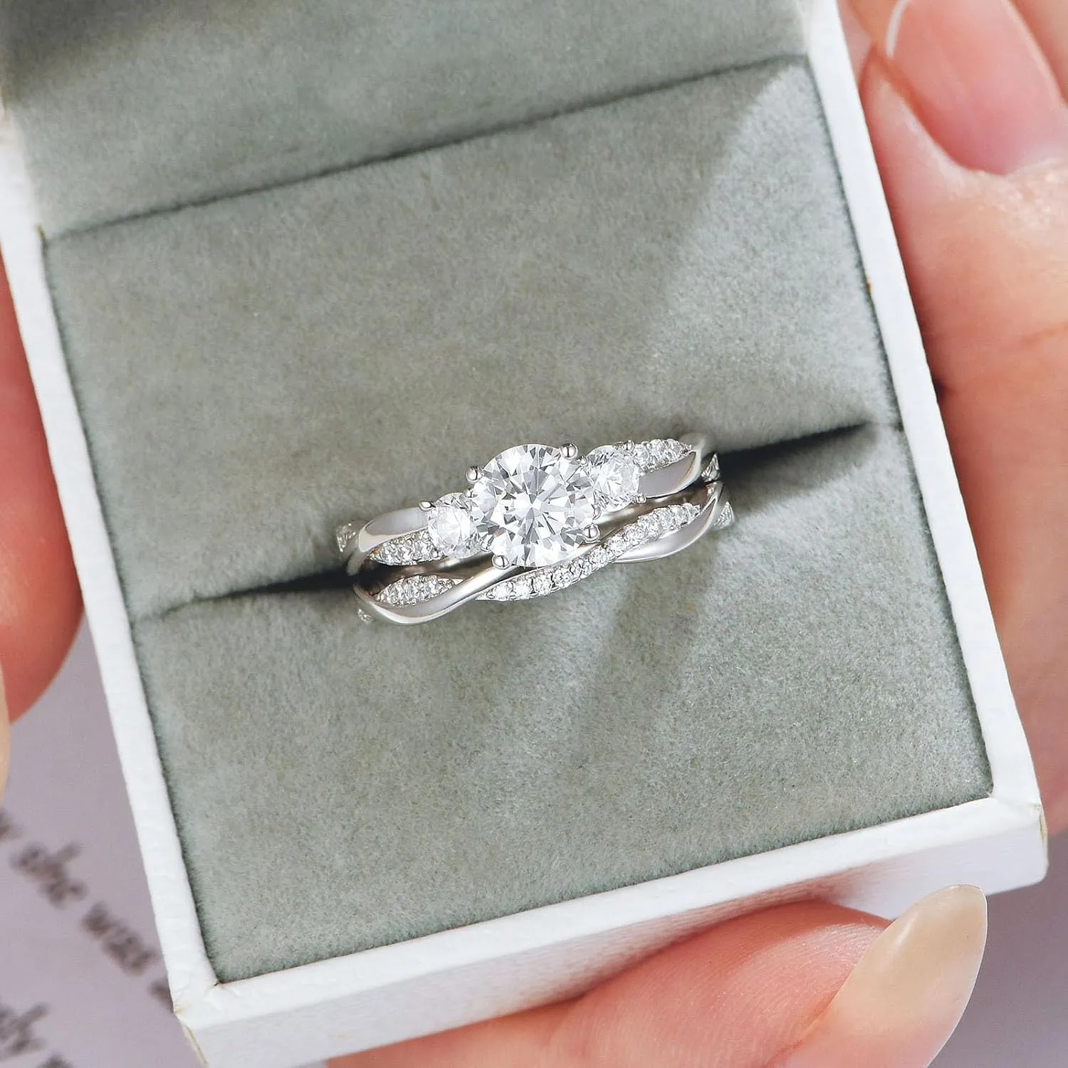 Wuziwen Three Stone Engagement Rings for Women Bridal Sets Wedding Ring for Her Eternity Band CZ 925 Sterling Silver