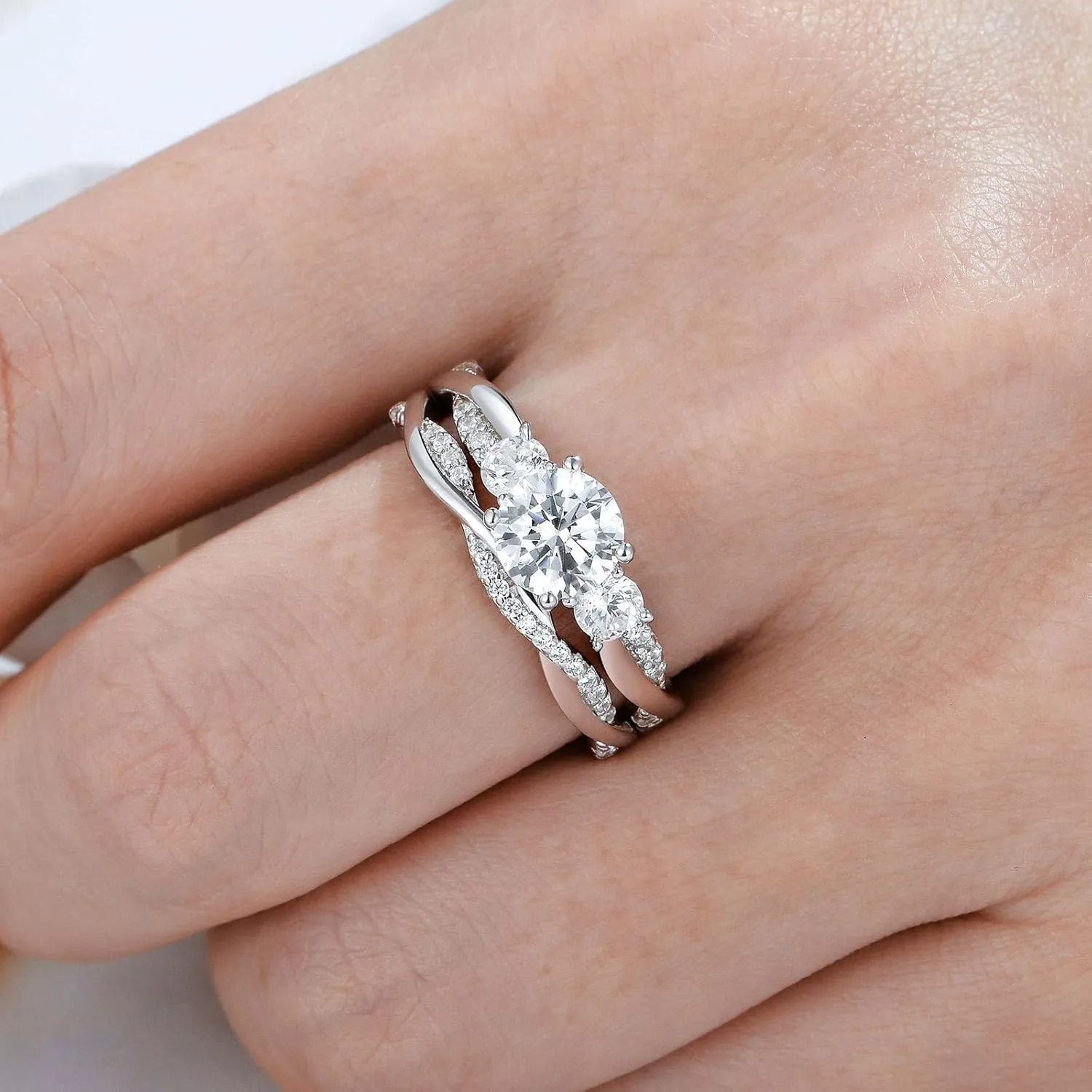 Wuziwen Three Stone Engagement Rings for Women Bridal Sets Wedding Ring for Her Eternity Band CZ 925 Sterling Silver