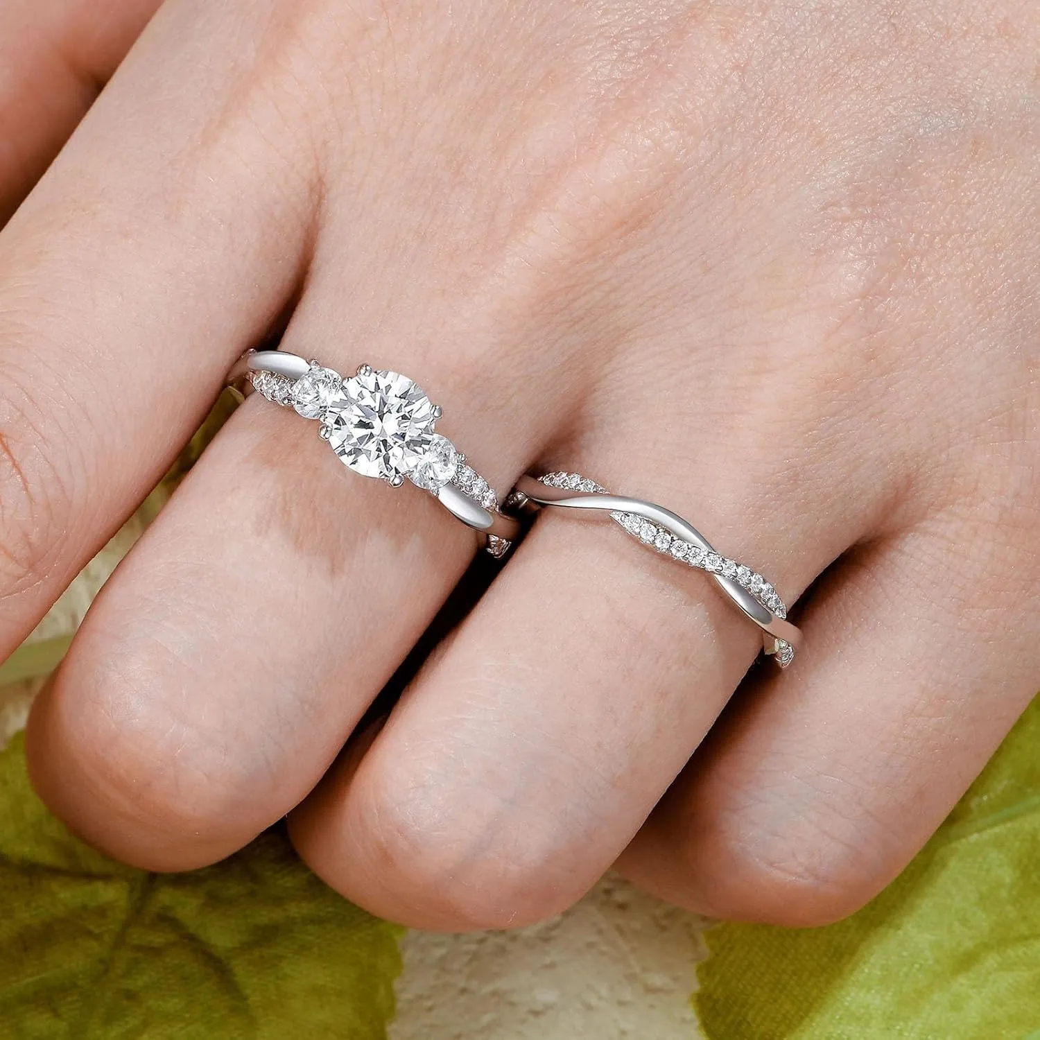 Wuziwen Three Stone Engagement Rings for Women Bridal Sets Wedding Ring for Her Eternity Band CZ 925 Sterling Silver