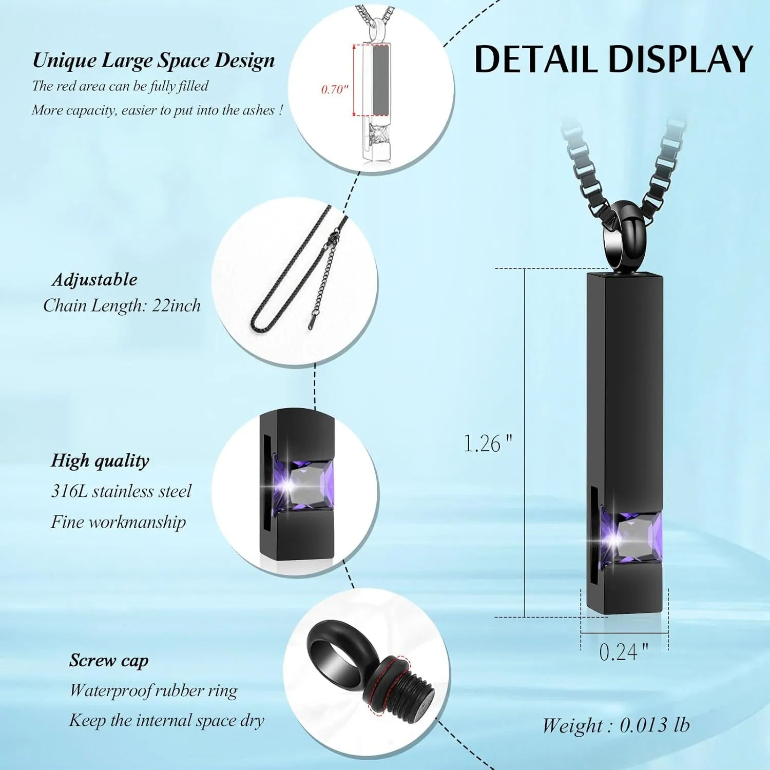 XSMZB Crystal Cremation Urn Jewelry Cube Memorial Ashes Necklace Pendant Keepsake- Black Birthstone Series