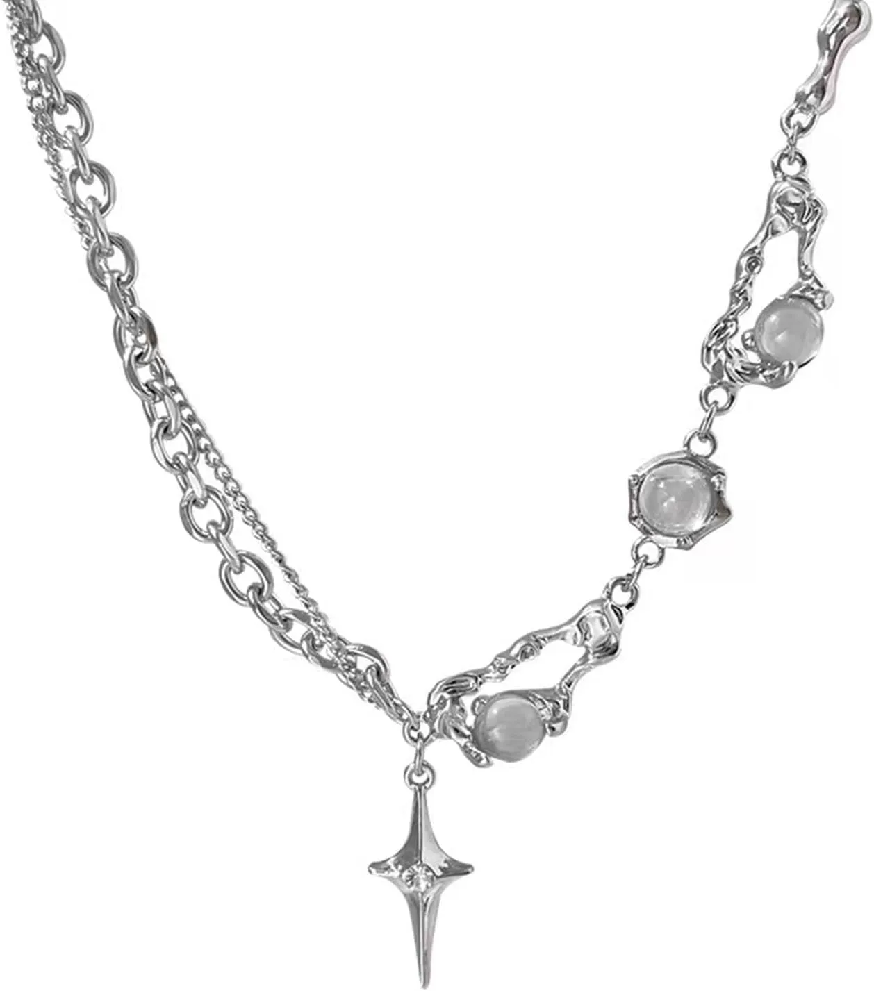 Y2k Necklace for Women Silver Star Necklace Moonstone Planet Necklace Punk Paper Clip Chain Necklace Star Y2k Necklace Jewelry for Women