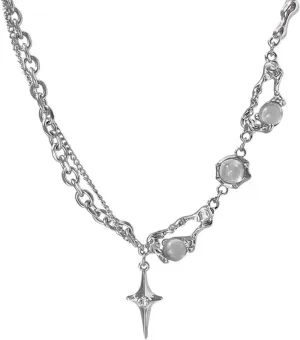 Y2k Necklace for Women Silver Star Necklace Moonstone Planet Necklace Punk Paper Clip Chain Necklace Star Y2k Necklace Jewelry for Women
